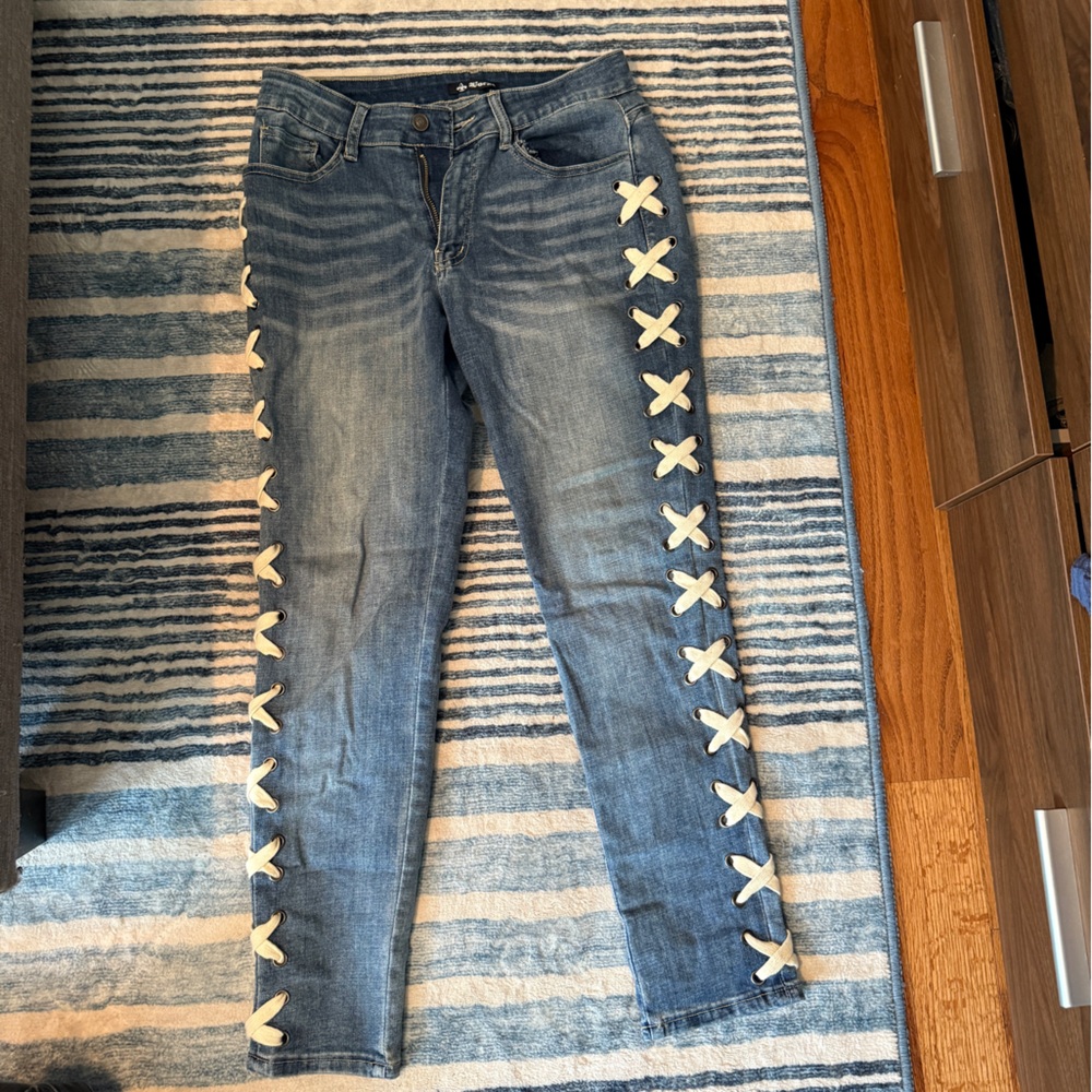 Vocal Blue Skinny Jeans with White Lace-Up Side Detail